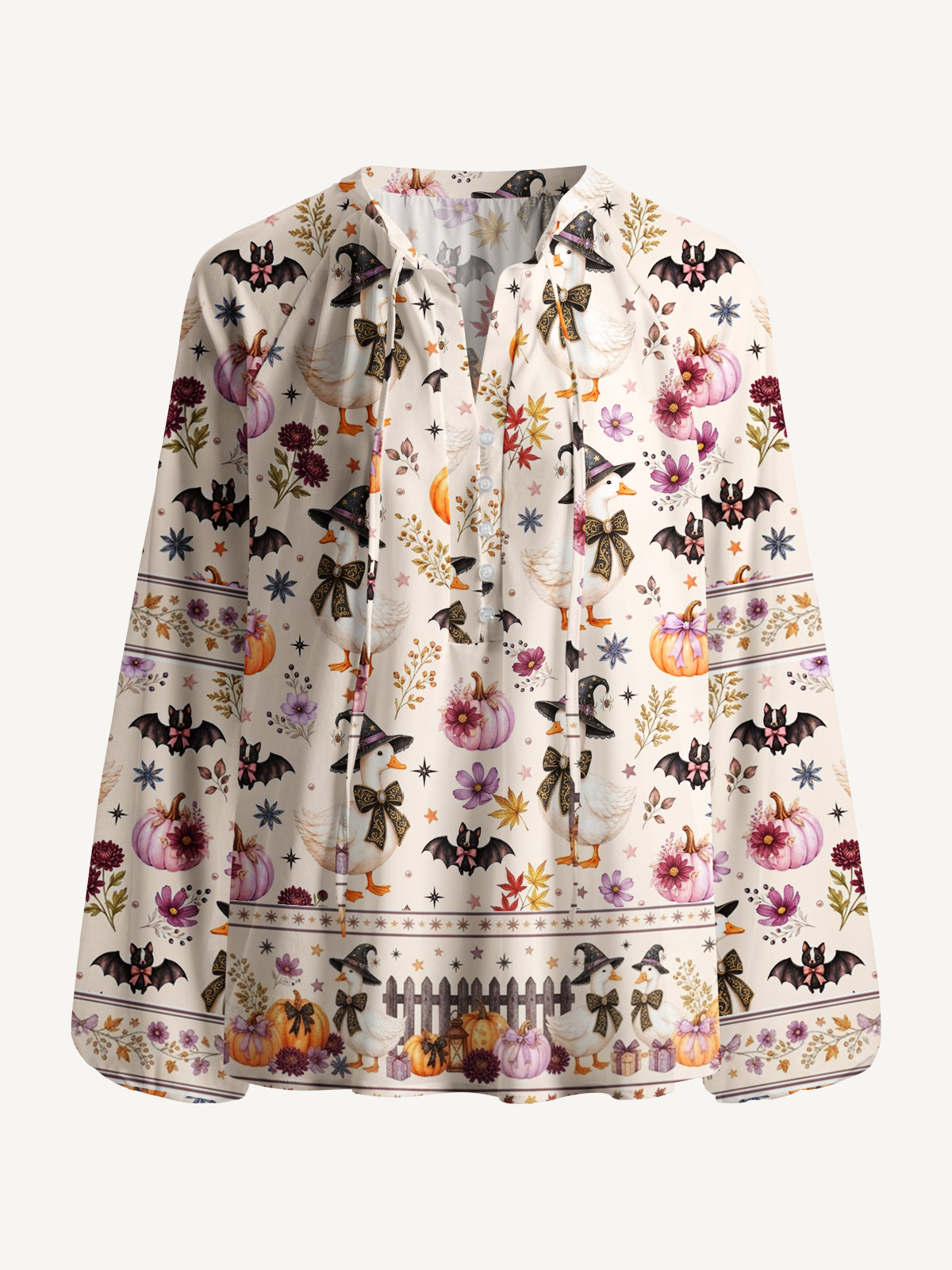 Rustic Halloween Goose Print Boho Long Sleeve Tie‑Neck Blouse