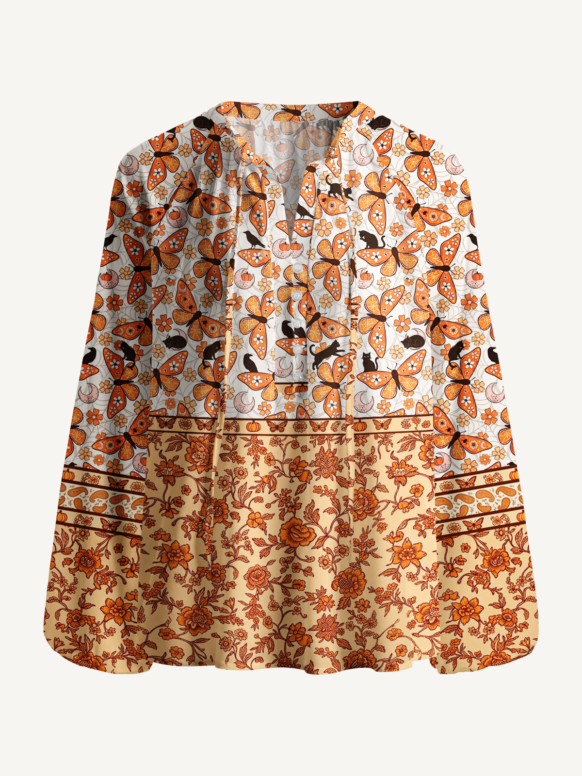Whispering Wings Halloween Print Boho Long Sleeve Tie‑Neck Blouse