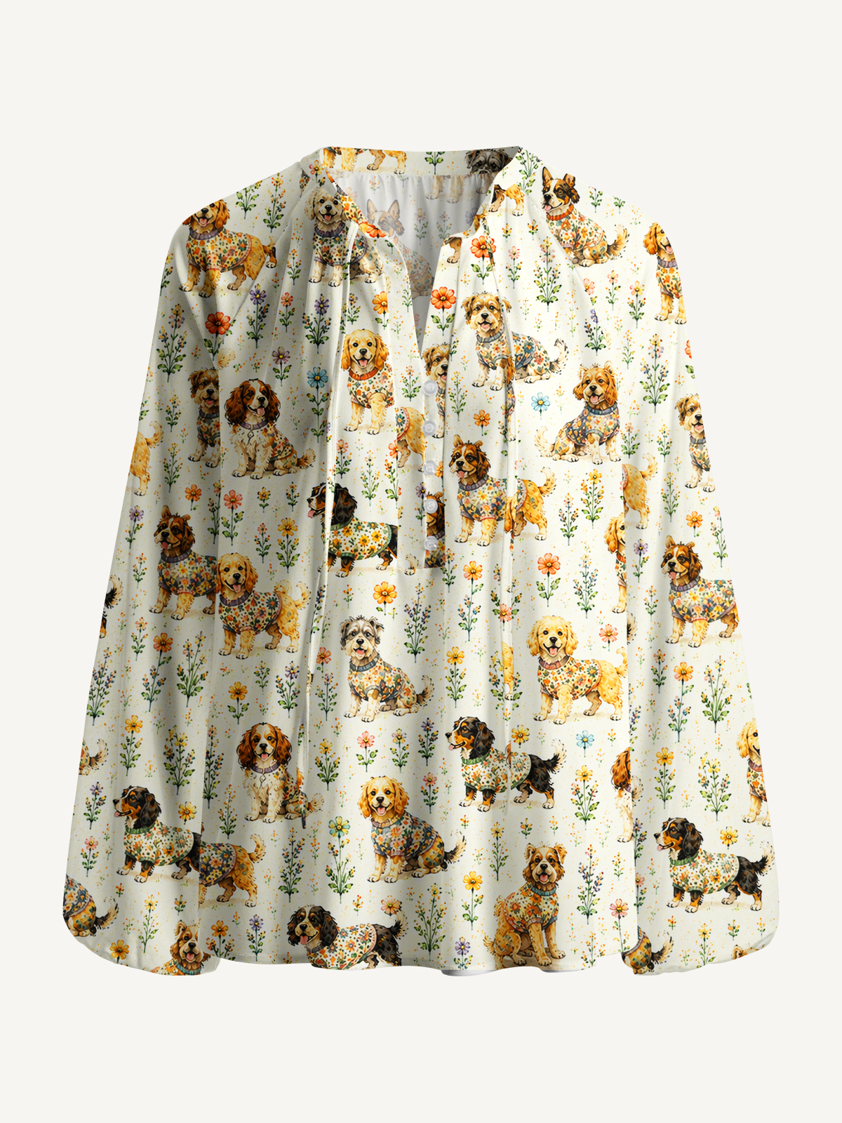 Cute Dog Garden Print Boho Long Sleeve Tie‑Neck Blouse