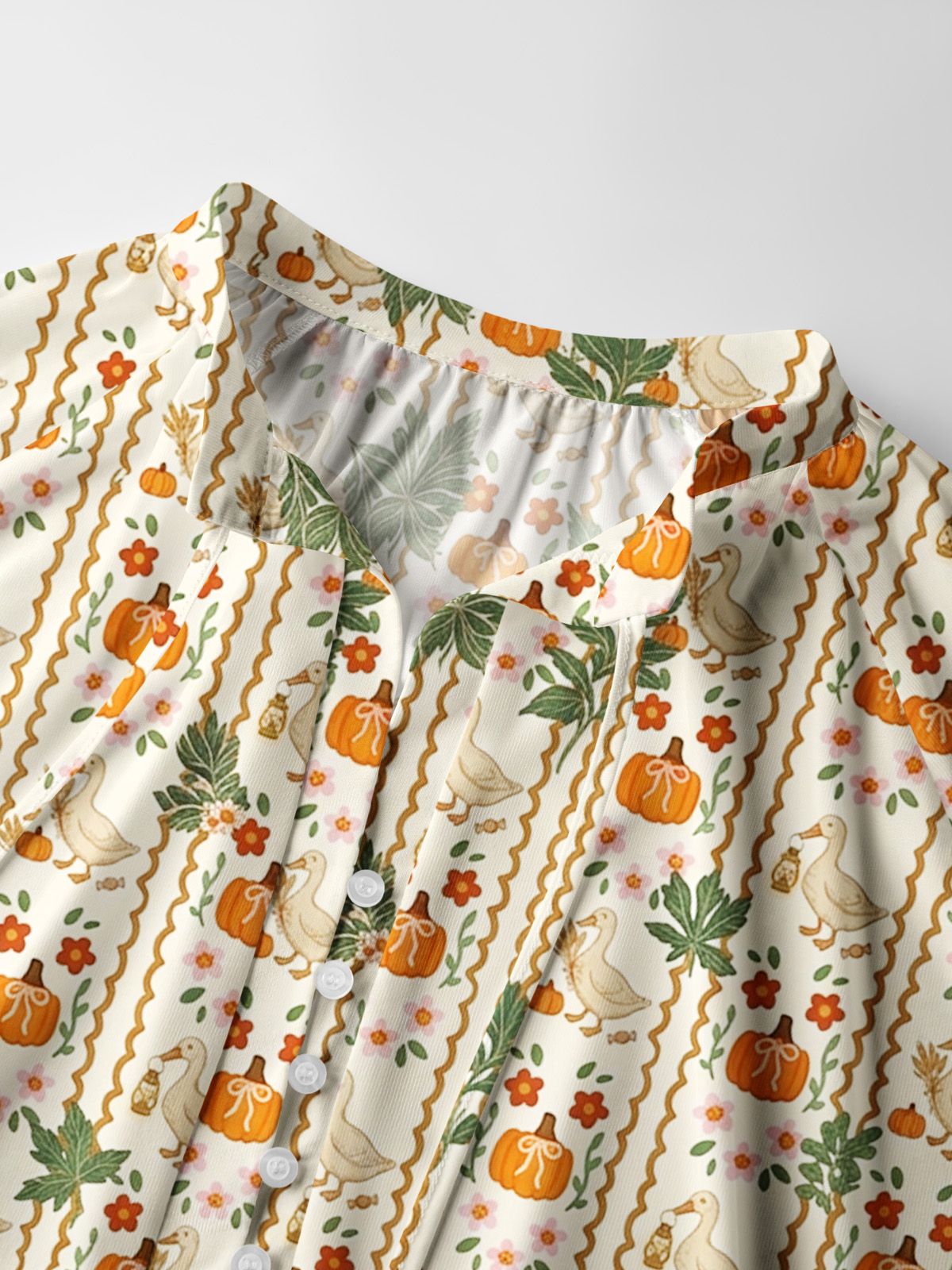 Harvest Goose & Pumpkin Print Boho Long Sleeve Tie‑Neck Blouse