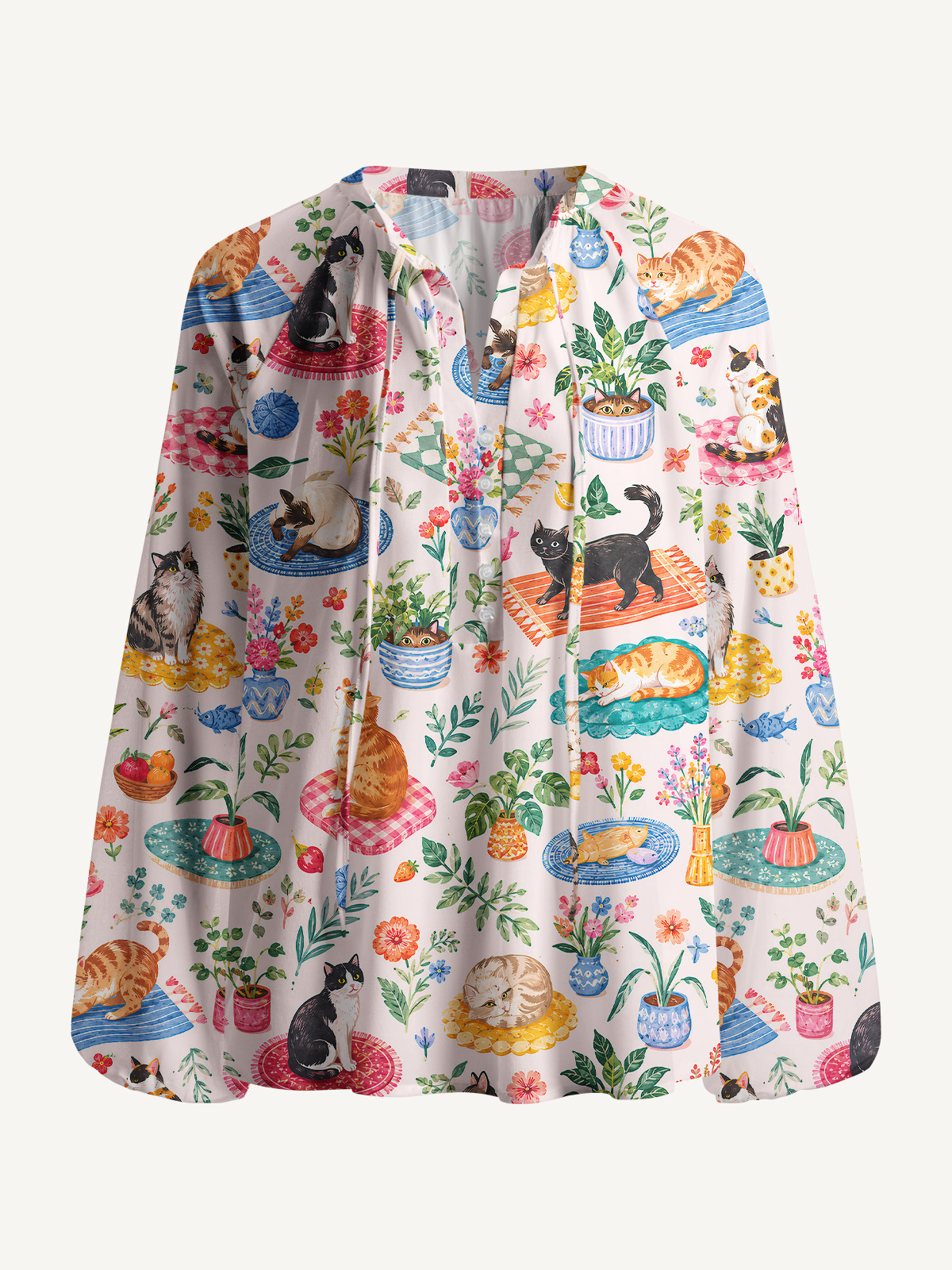 Cozy Garden Cats on Colorful Rugs Print Boho Long Sleeve Tie‑Neck Blouse