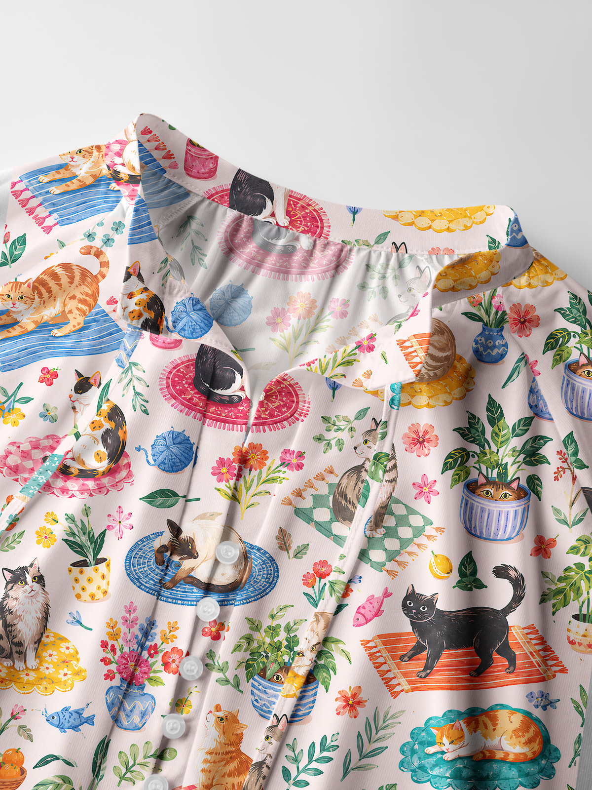 Cozy Garden Cats on Colorful Rugs Print Boho Long Sleeve Tie‑Neck Blouse