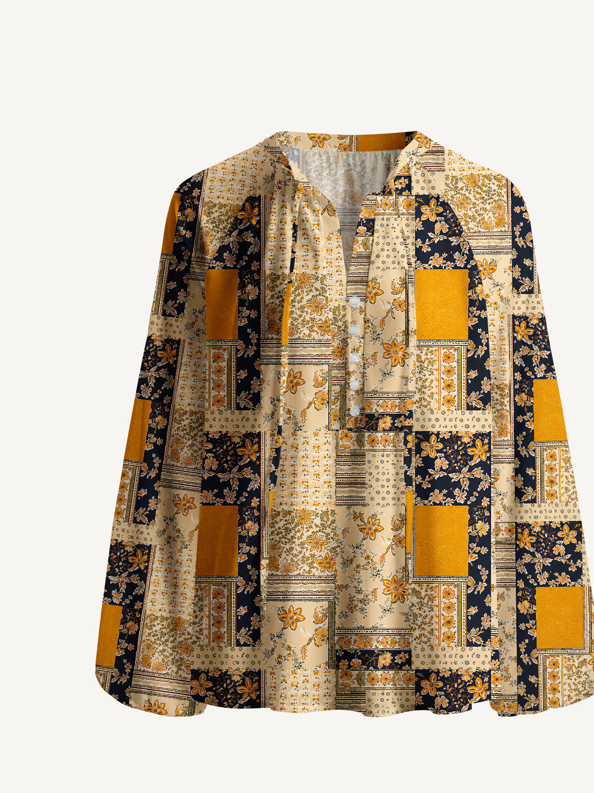 Vintage Mustard and Navy Floral Patchwork Print Boho Long Sleeve Tie‑Neck Blouse