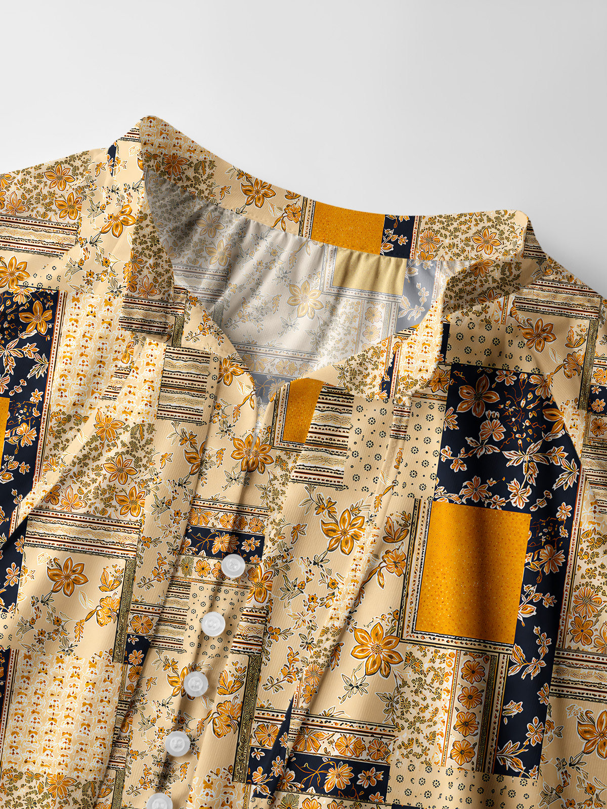 Vintage Mustard and Navy Floral Patchwork Print Boho Long Sleeve Tie‑Neck Blouse