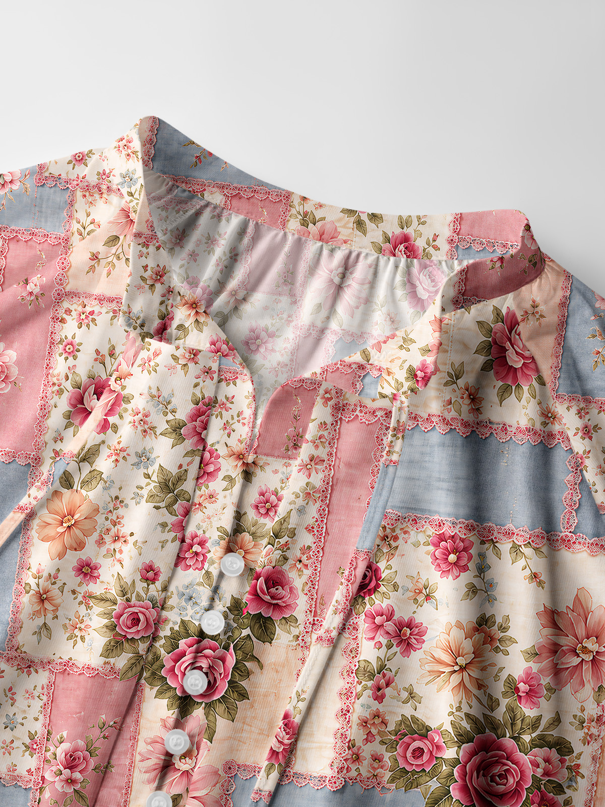Vintage Pink and Blue Floral Patchwork Print Boho Long Sleeve Tie‑Neck Blouse