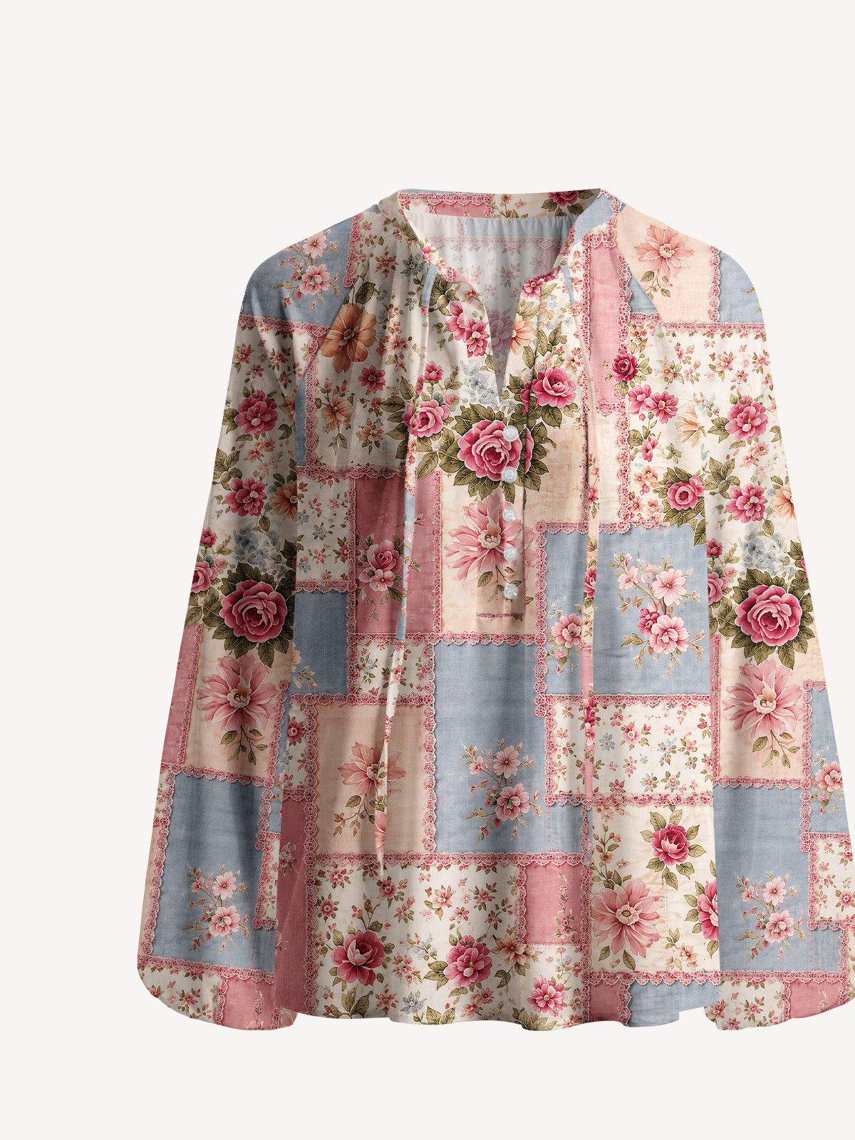 Vintage Pink and Blue Floral Patchwork Print Boho Long Sleeve Tie‑Neck Blouse