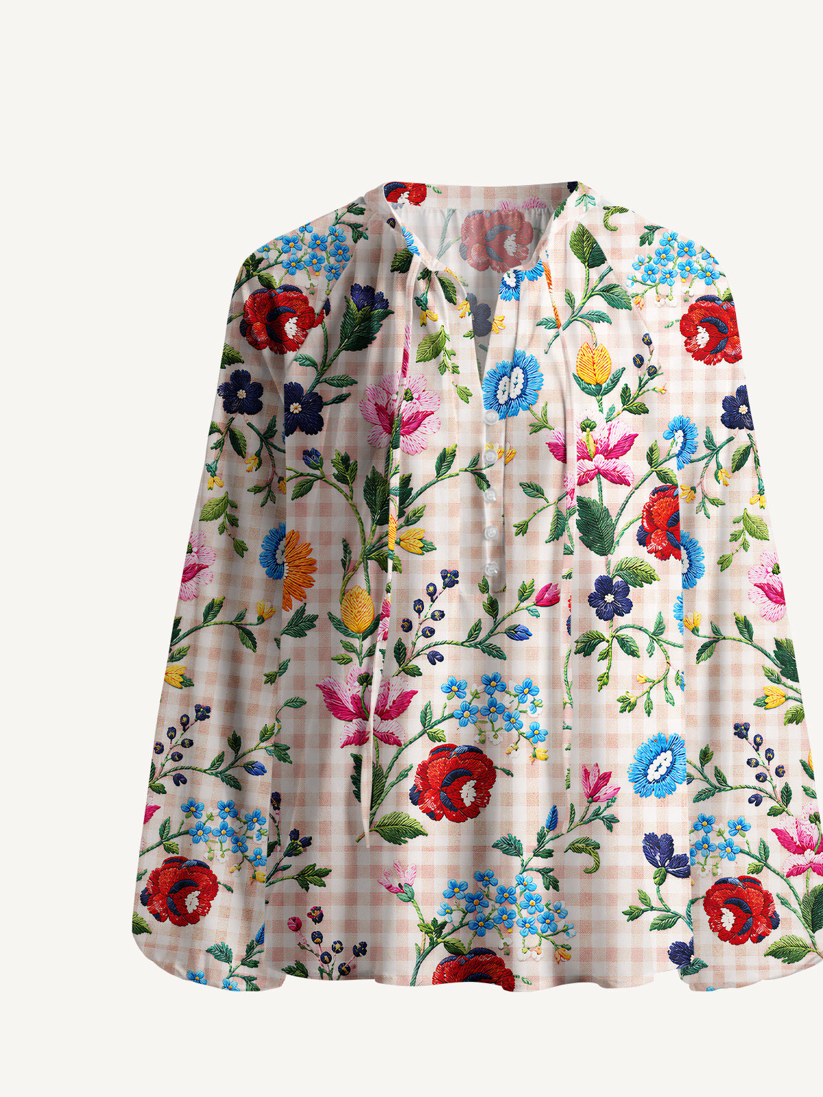 Embroidered Meadow Gingham Print Boho Long Sleeve Tie‑Neck Blouse