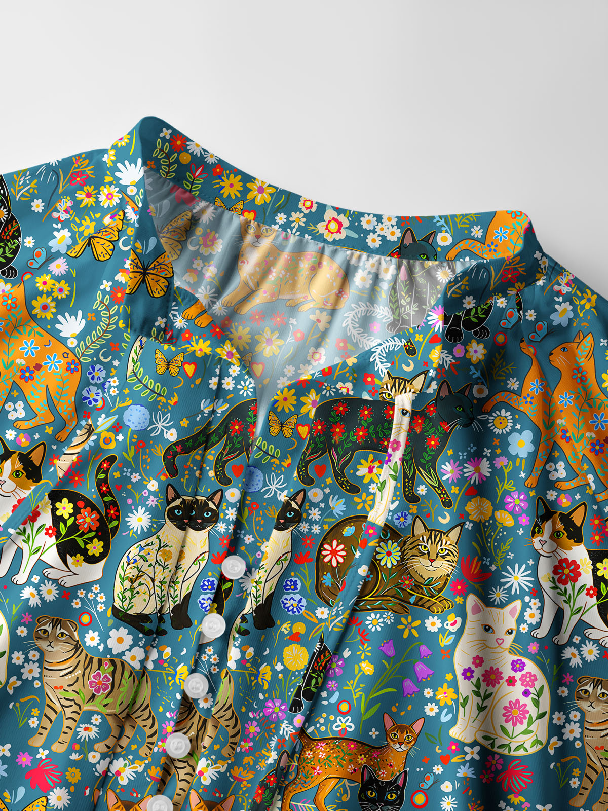 Colorful Garden Cat Pattern Print Boho Long Sleeve Tie‑Neck Smock Shirt