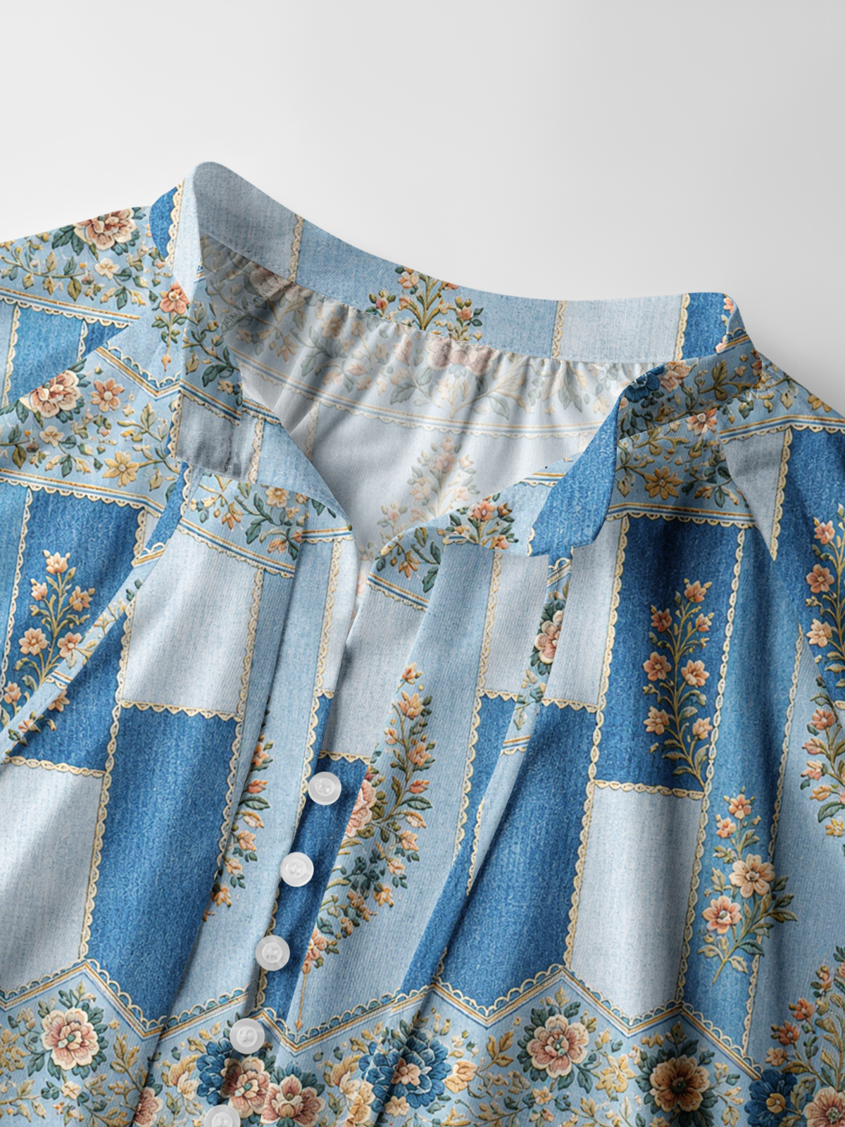 Vintage Blue Tapestry Floral Stripe Print Boho Long Sleeve Tie‑Neck Blouse