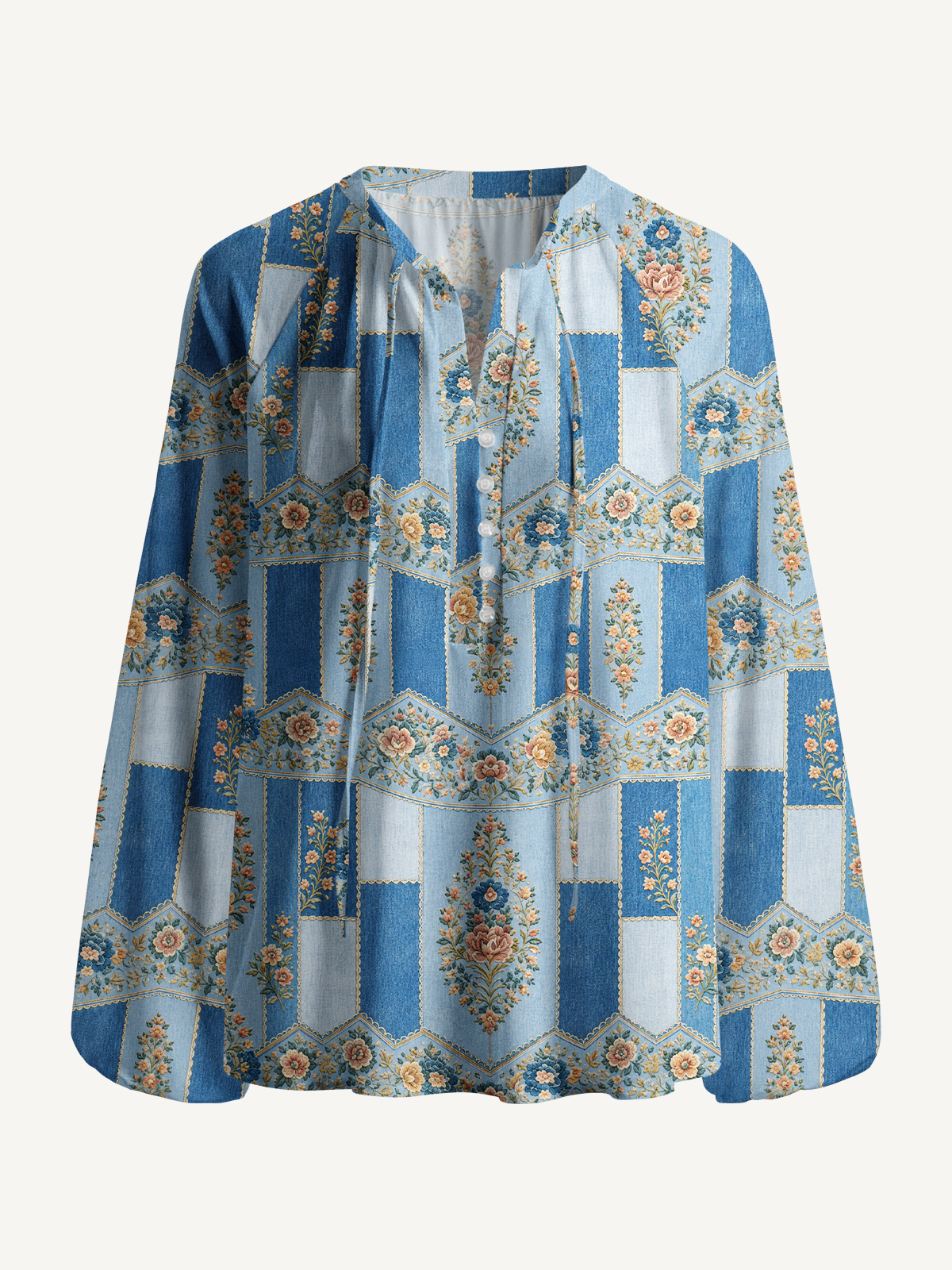 Vintage Blue Tapestry Floral Stripe Print Boho Long Sleeve Tie‑Neck Blouse