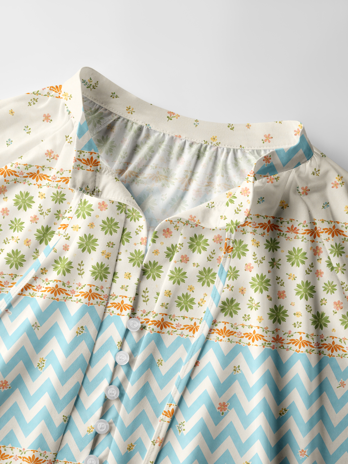 Pastel Chevron and Ditsy Floral Stripe Print Boho Long Sleeve Tie‑Neck Blouse