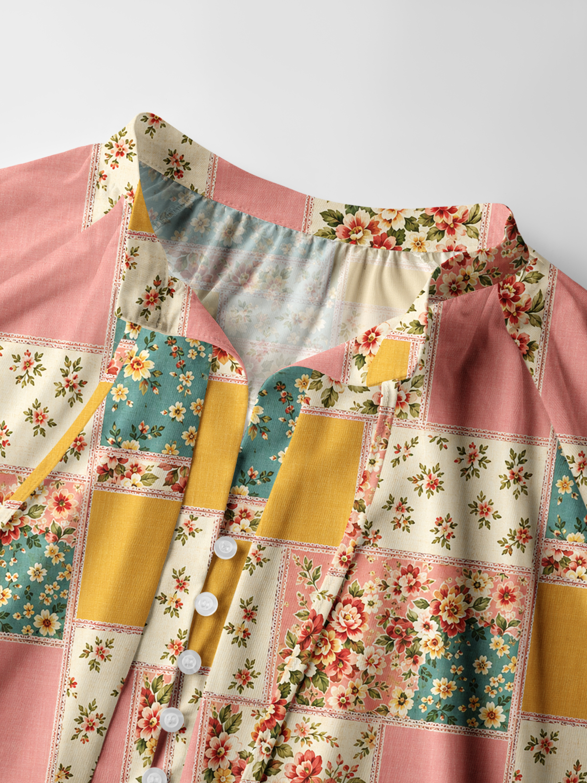 Vintage Pink and Teal Floral Patchwork Print Boho Long Sleeve Tie‑Neck Blouse