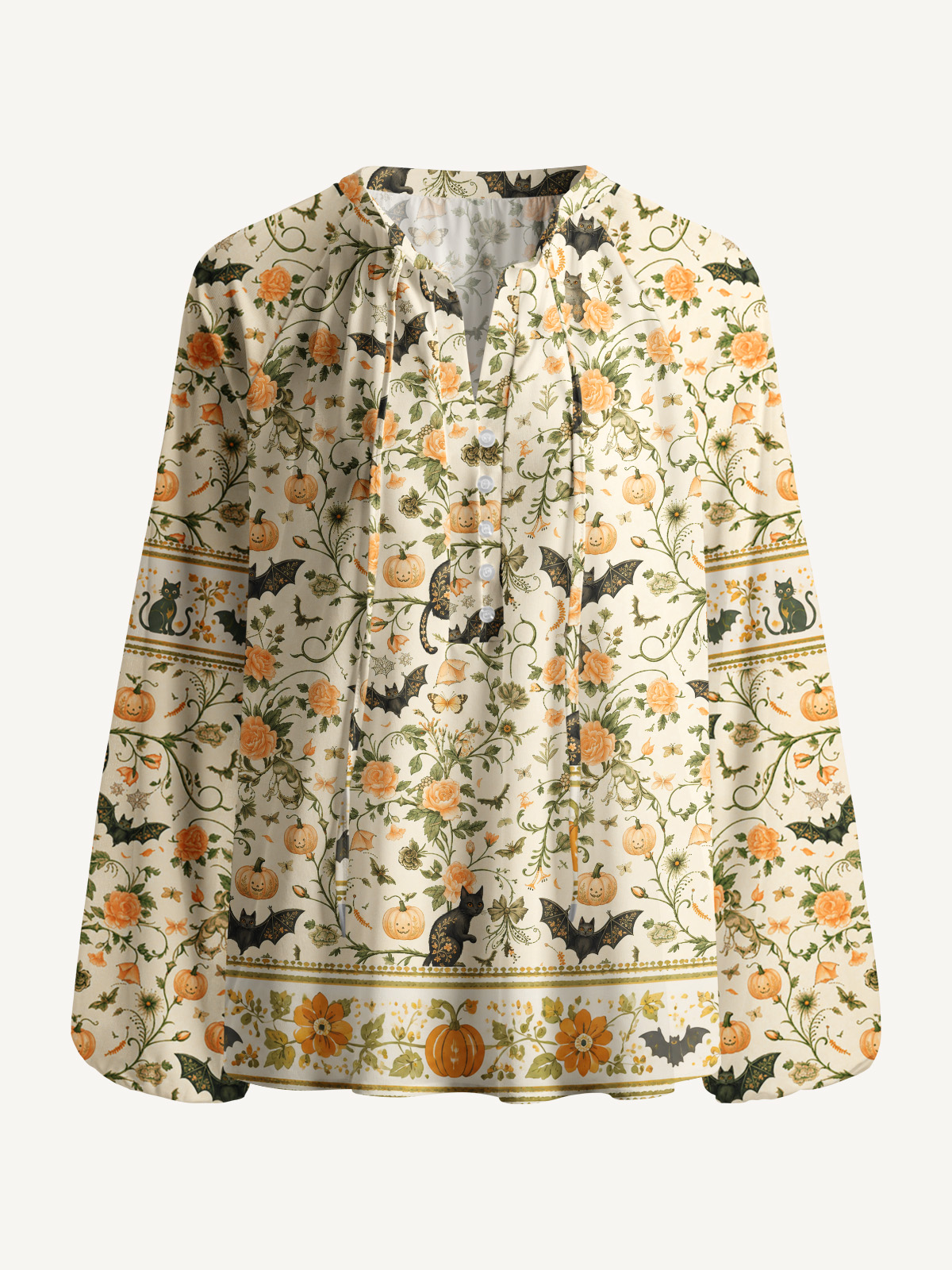 Pastoral Pumpkin Cat Print Boho Long Sleeve Tie‑Neck Blouse