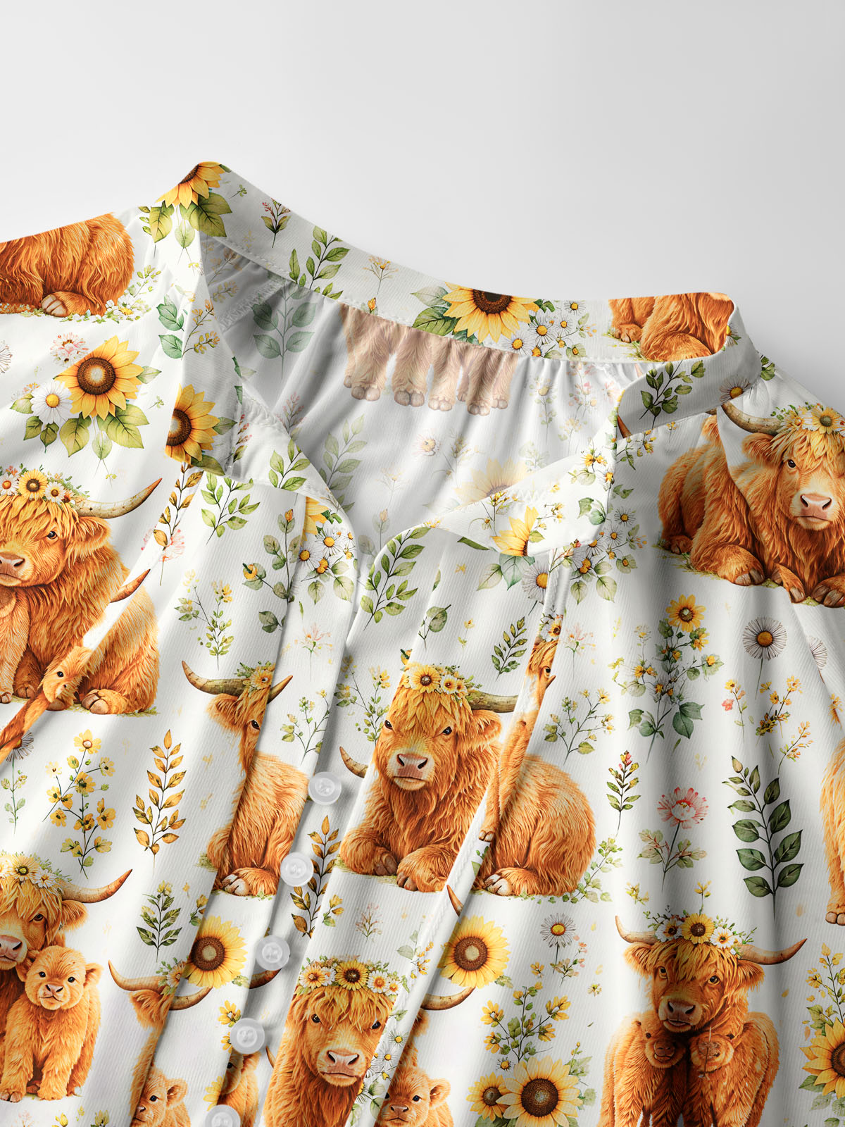Spring Highland Cow Floral Print Boho Long Sleeve Tie‑Neck Blouse