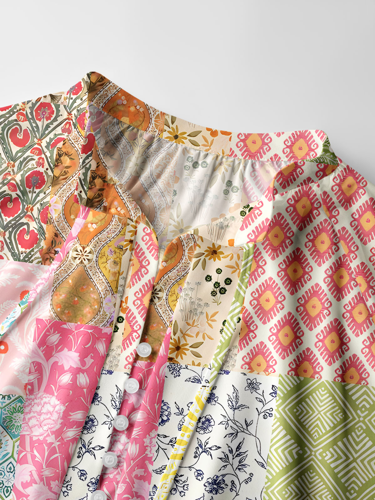 Colorful Bohemian Patchwork Print Boho Long Sleeve Tie‑Neck Blouse
