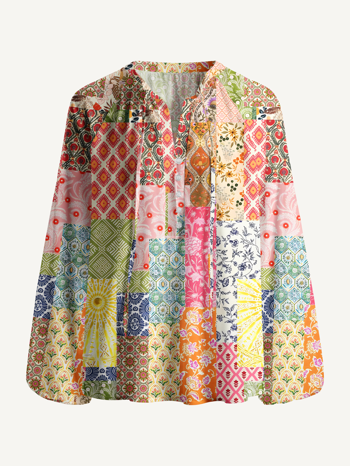 Colorful Bohemian Patchwork Print Boho Long Sleeve Tie‑Neck Blouse
