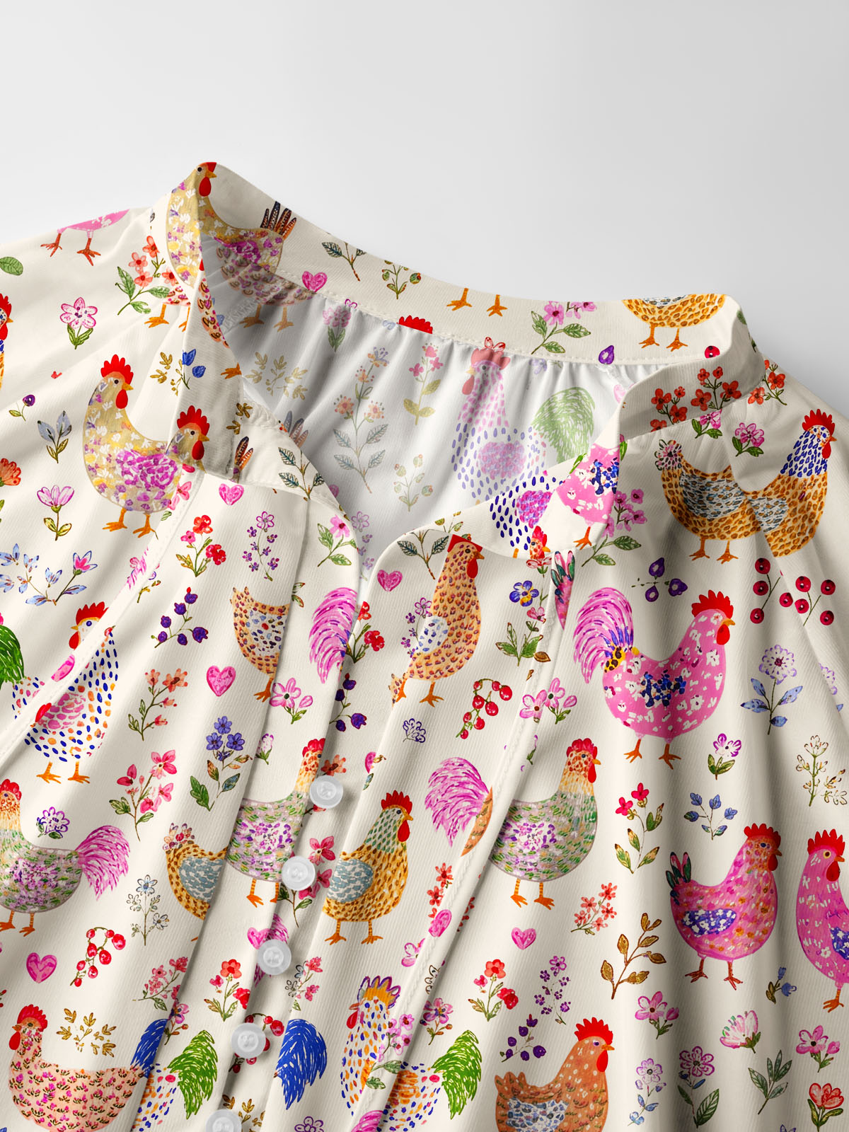 Colorful Farm Chickens Print Boho Long Sleeve Tie‑Neck Blouse