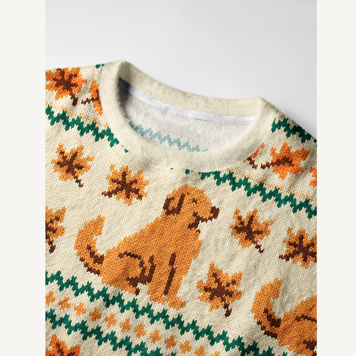 Autumn Dog & Falling Leaves Fuzzy Crewneck Sweater