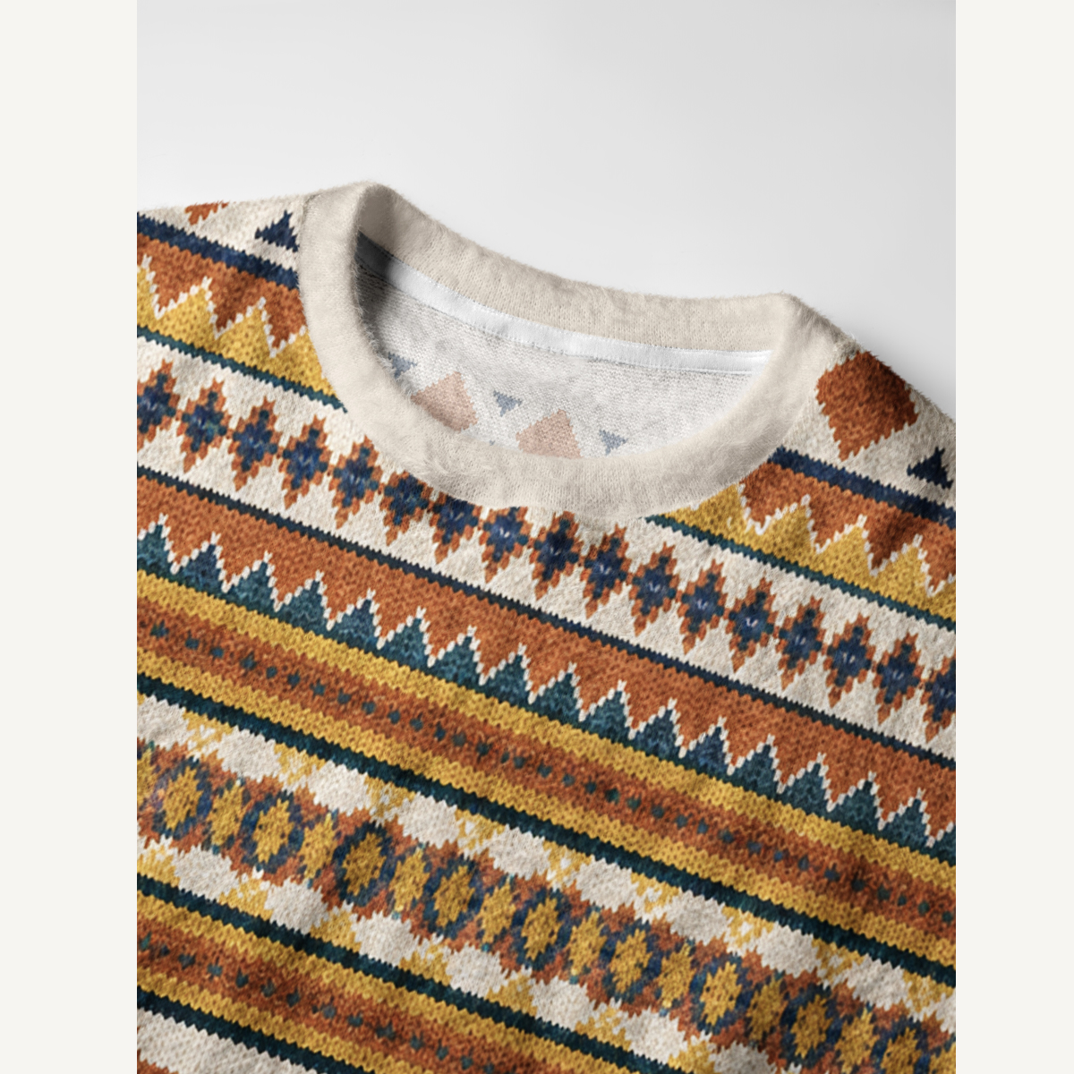 Running Horses Geometric Pattern Fuzzy Crewneck Sweater