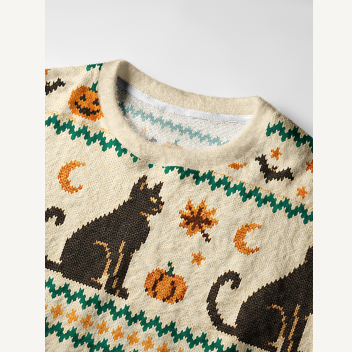 Halloween Cat Pumpkin Bat Fuzzy Crewneck Sweater