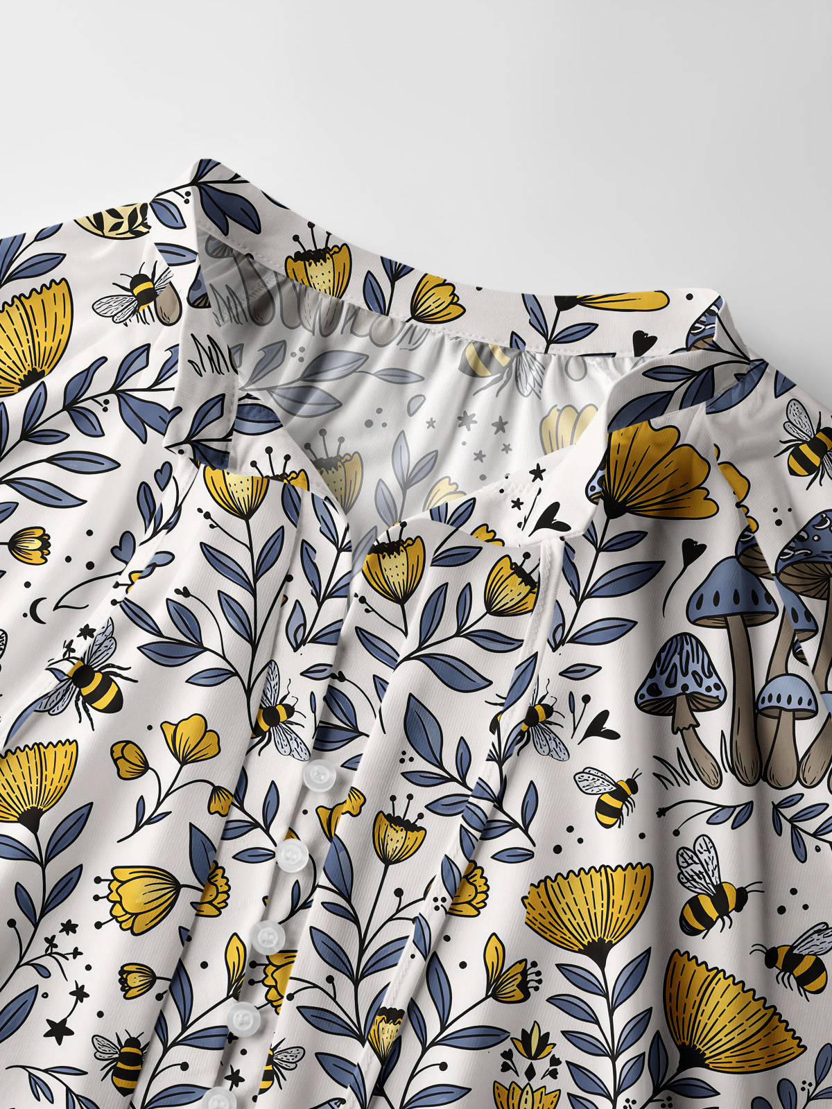 Bee Whisper Forest Print Boho Long Sleeve Tie‑Neck Blouse