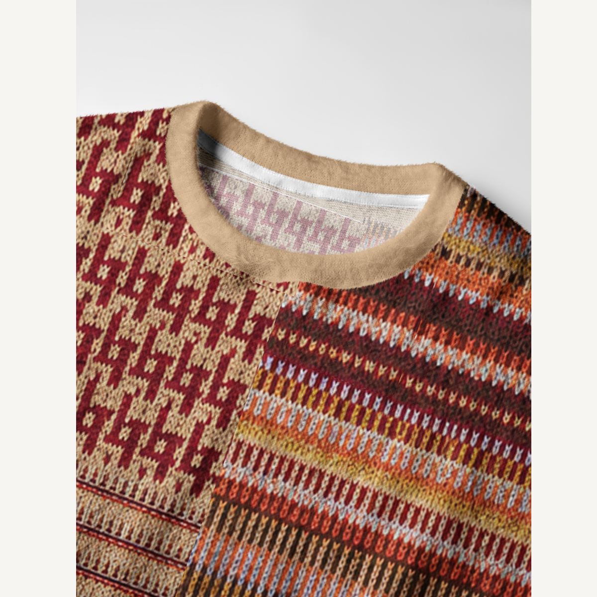 Autumn Maple Patchwork Pattern Fuzzy Crewneck Sweater