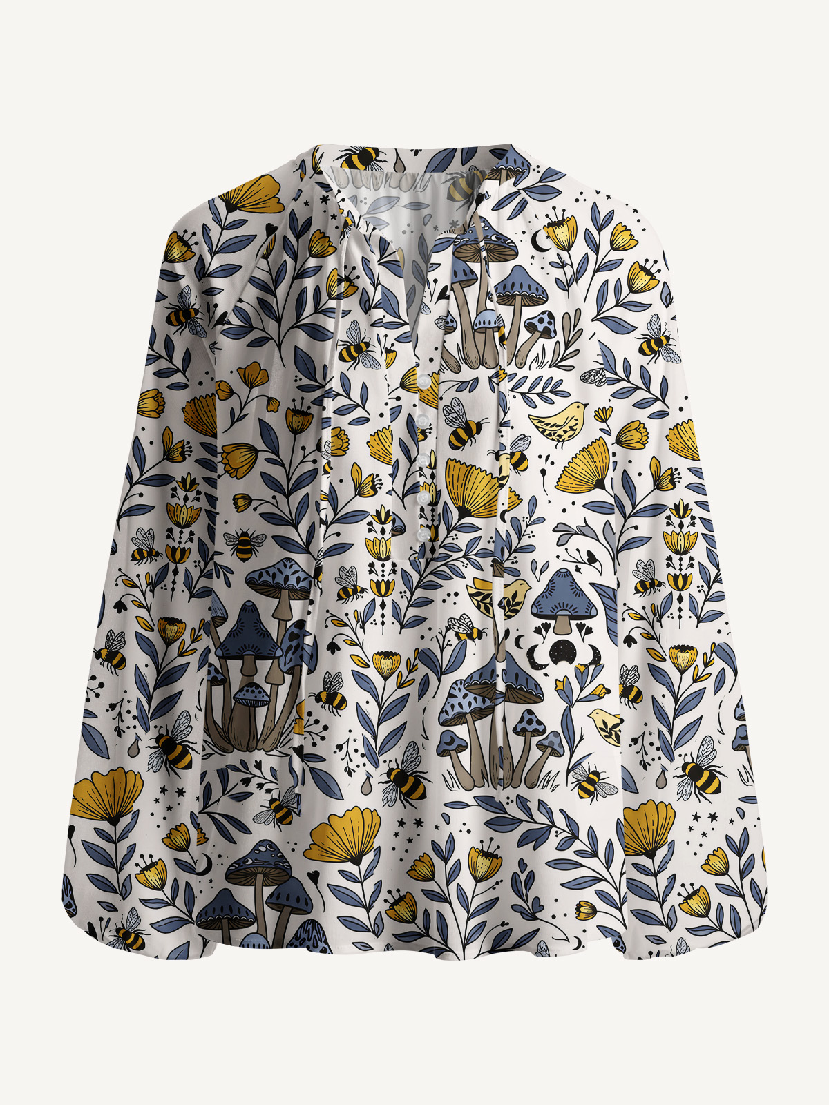 Bee Whisper Forest Print Boho Long Sleeve Tie‑Neck Blouse