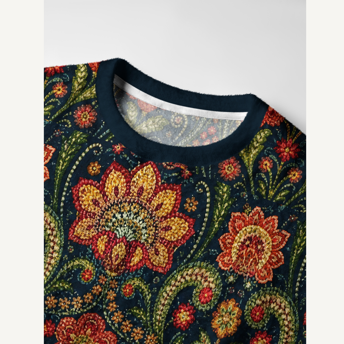 Vintage Folk Floral & Paisley Fuzzy Crewneck Sweater