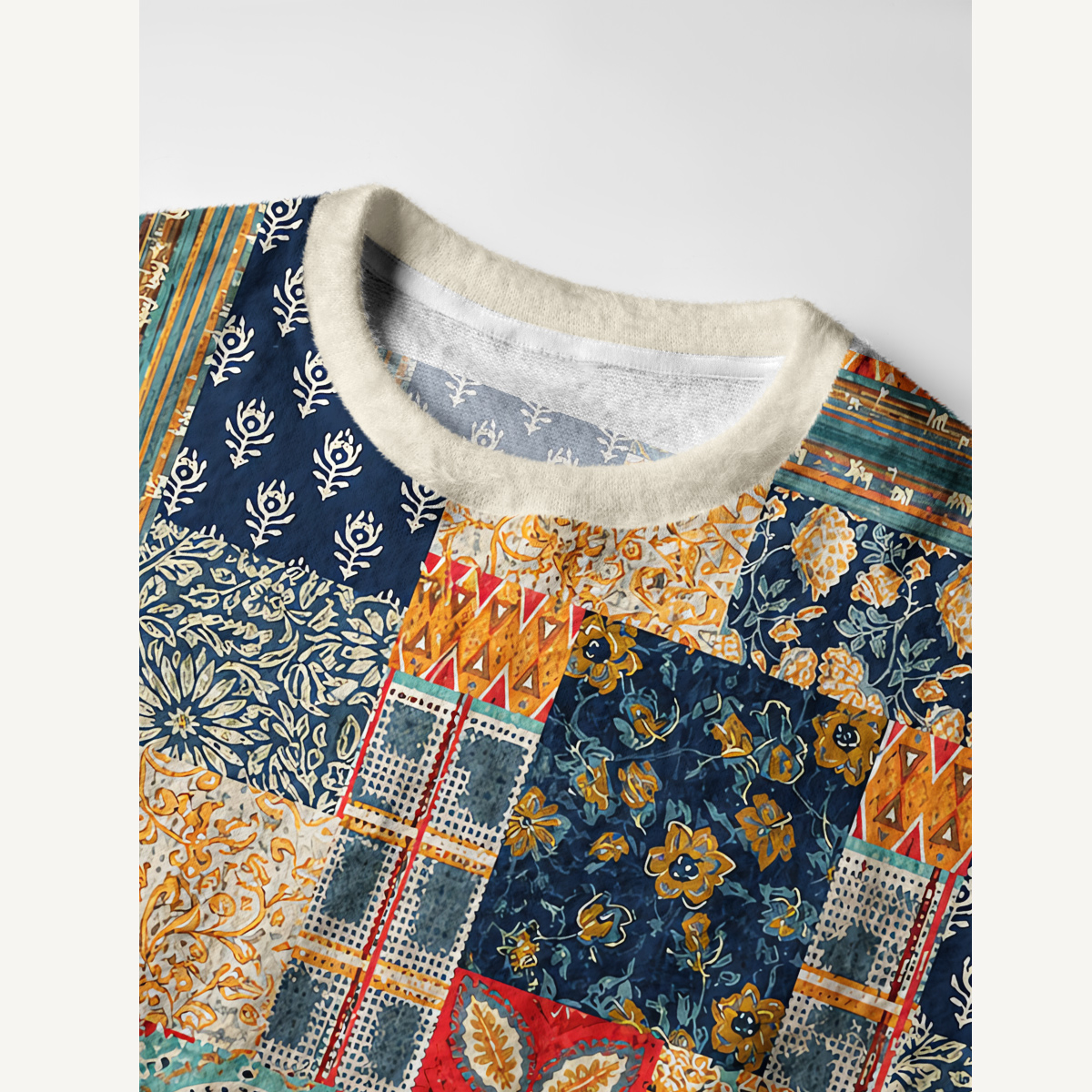 Boho Patchwork Floral & Geometric Fuzzy Crewneck Sweater