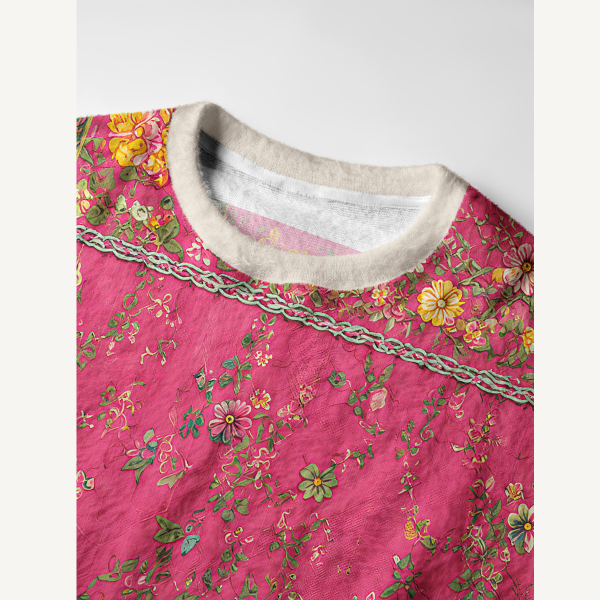 Vibrant Floral Patchwork Fuzzy Crewneck Sweater