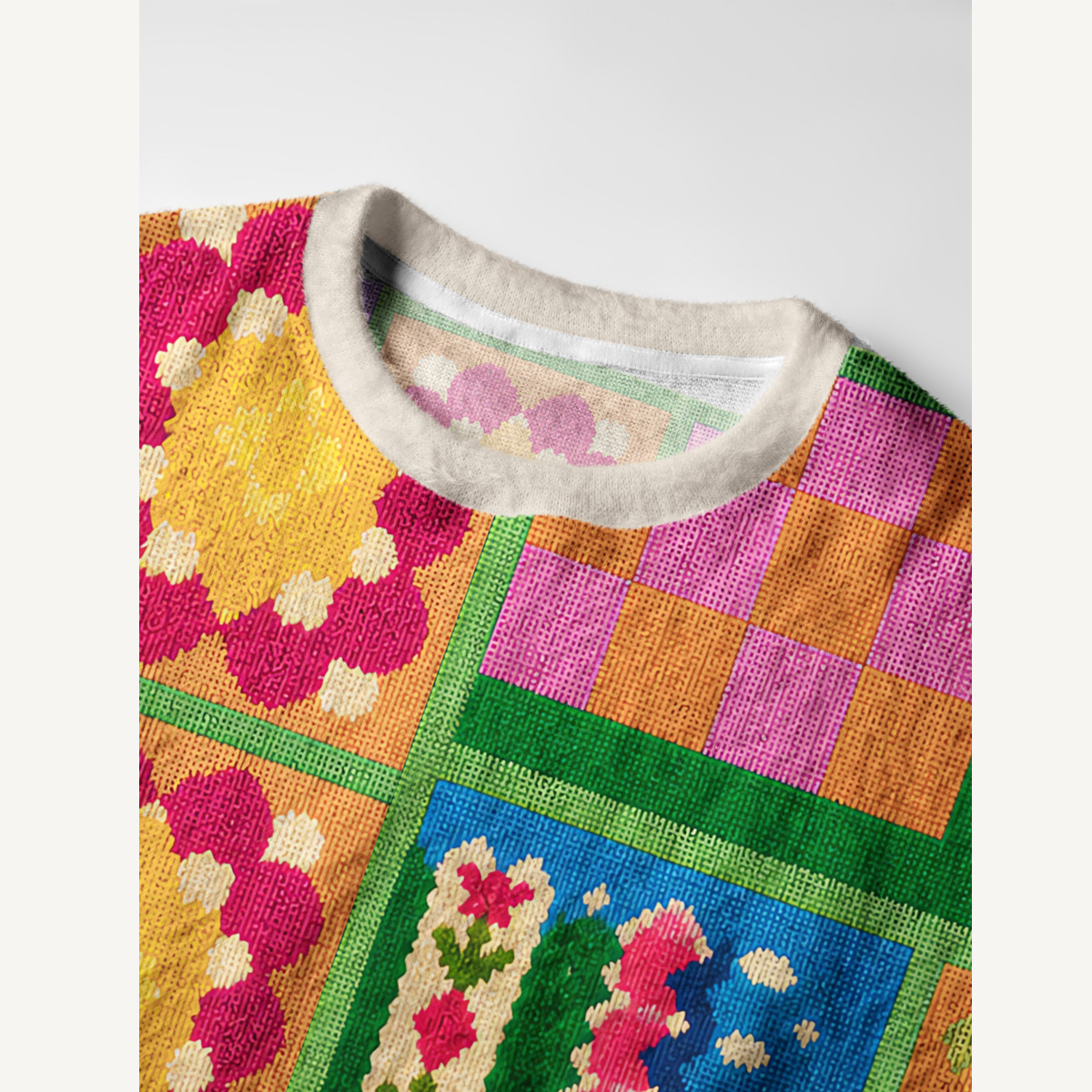 Colorful Geometric Patchwork Print Fuzzy Crewneck Sweater