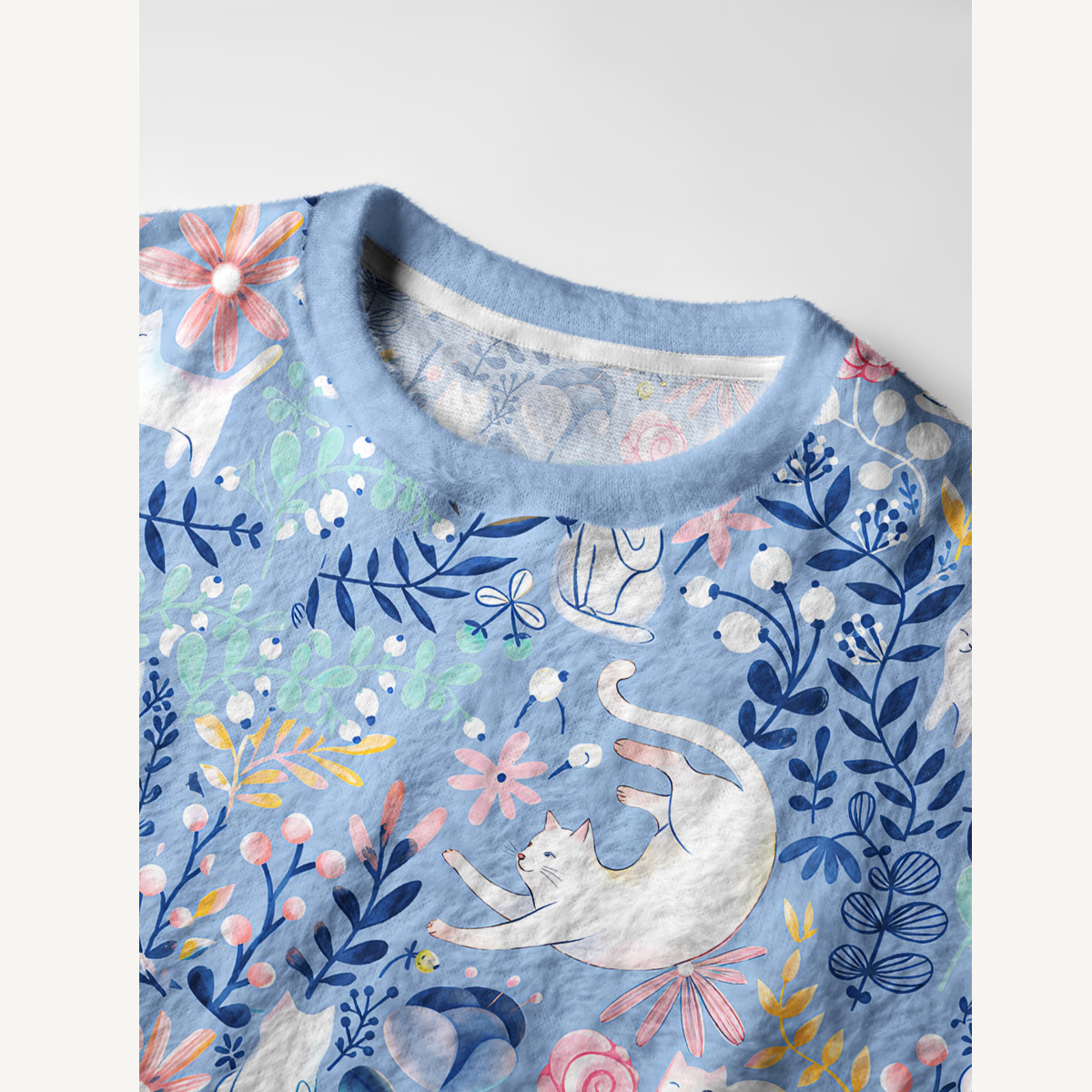 Blue Leaf Cat Fuzzy Crewneck Sweater