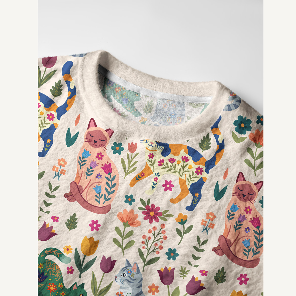 Cute Flower Cat Fuzzy Crewneck Sweater