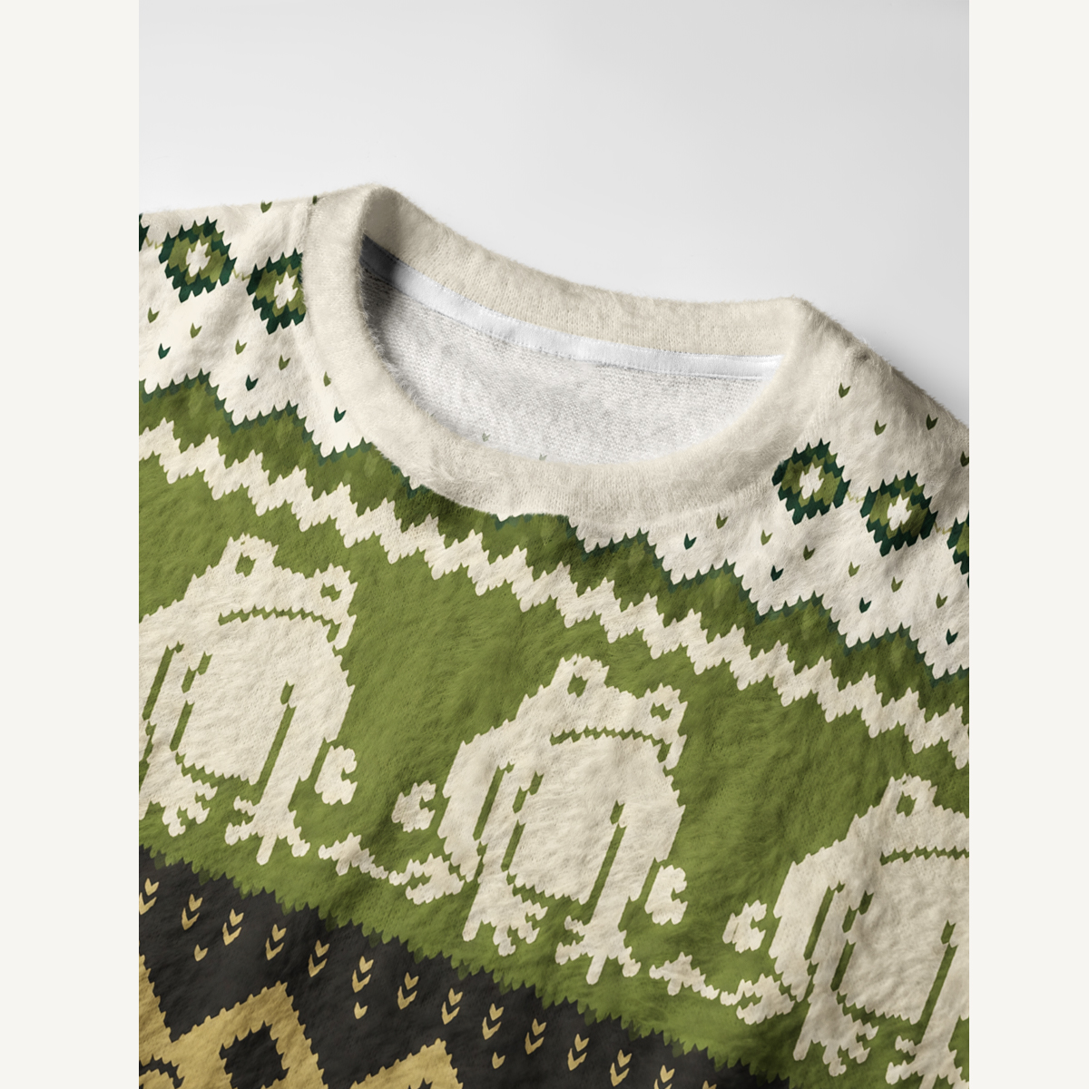 Vintage Frog Geometric Folk Fuzzy Crewneck Sweater