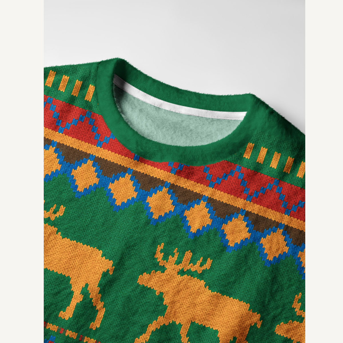 Antlered Deer & Geometric Stripe Fuzzy Crewneck Sweater