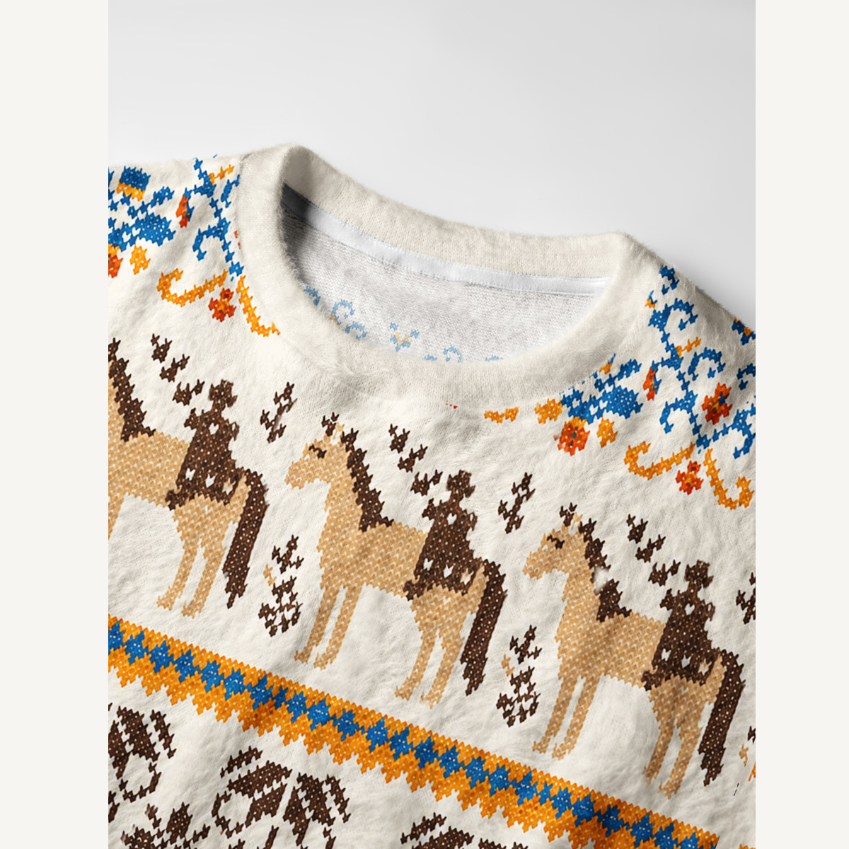 Horseback Rider & Ornamental Floral Fuzzy Crewneck Sweater