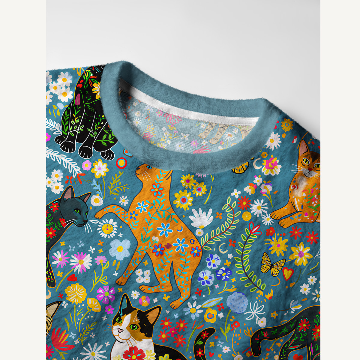 Colorful Garden Cat Forest Fuzzy Crewneck Sweater