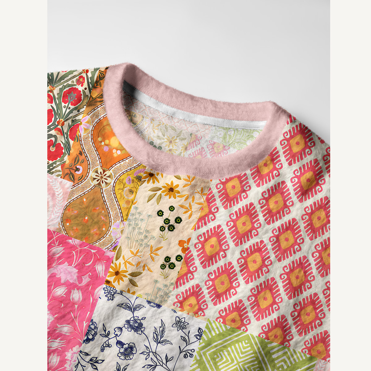 Colorful Bohemian Patchwork Fuzzy Crewneck Sweater