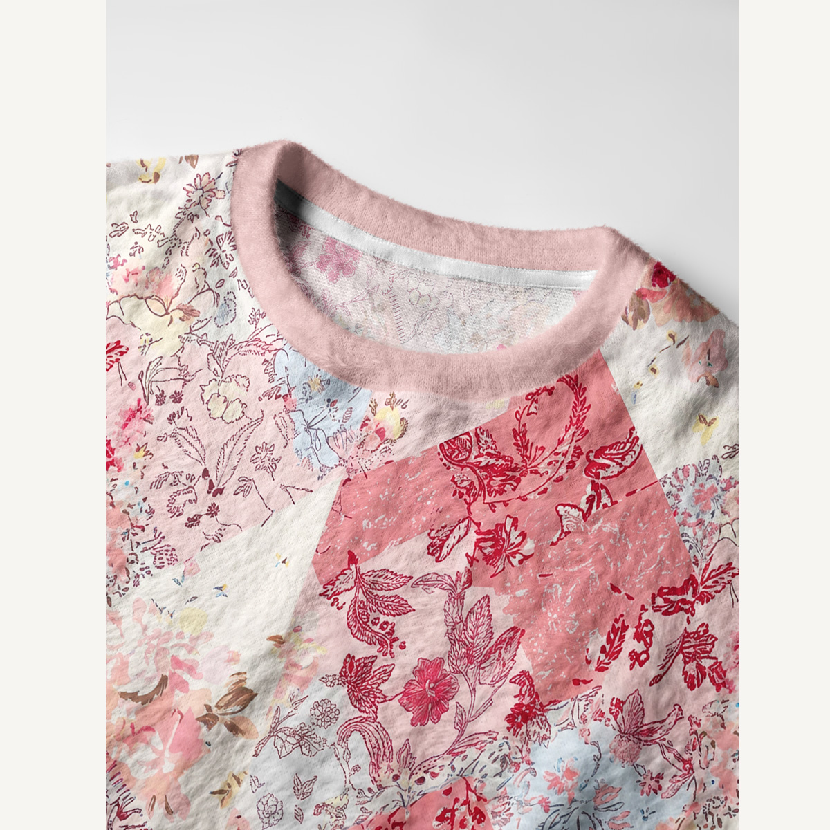 Shabby Chic Floral Patchwork Fuzzy Crewneck Sweater