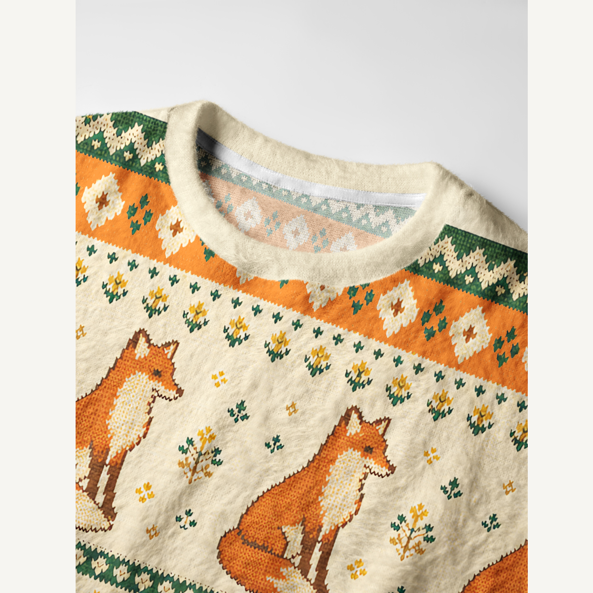 Woodland Fox Geometric Folk Fuzzy Crewneck Sweater
