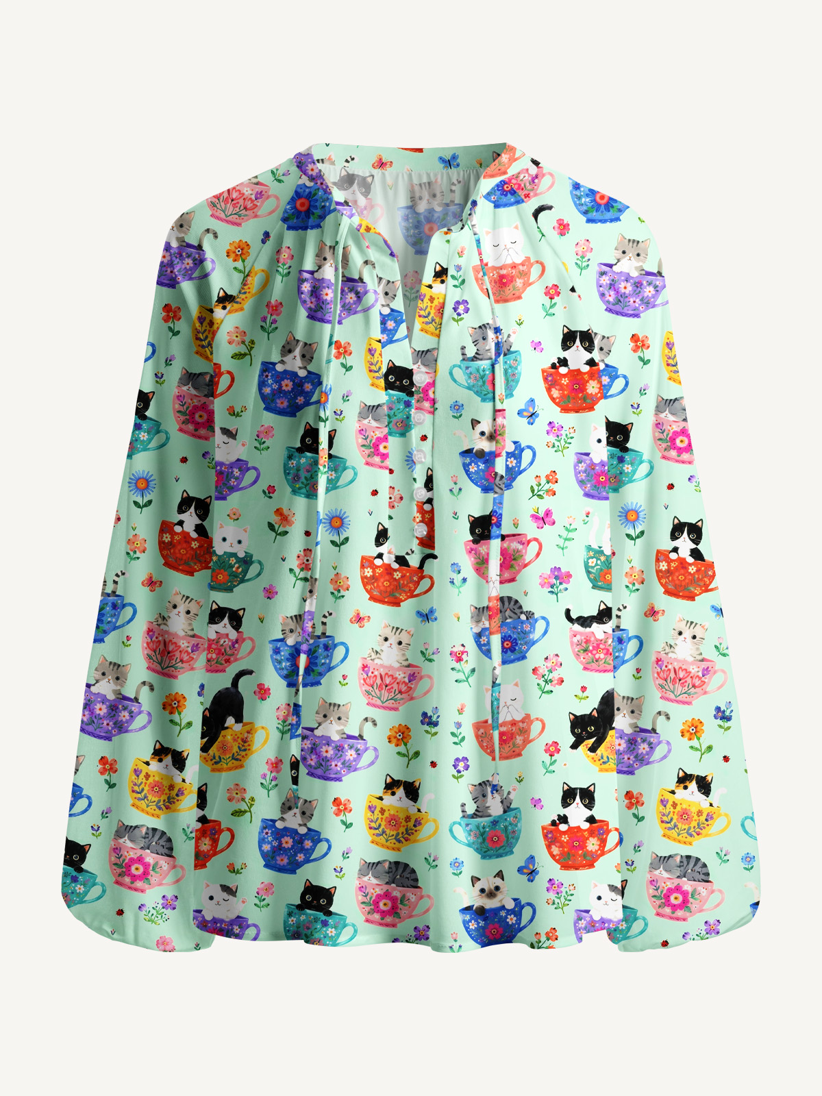 Cute Teacup Kitten Print Boho Long Sleeve Tie‑Neck Blouse
