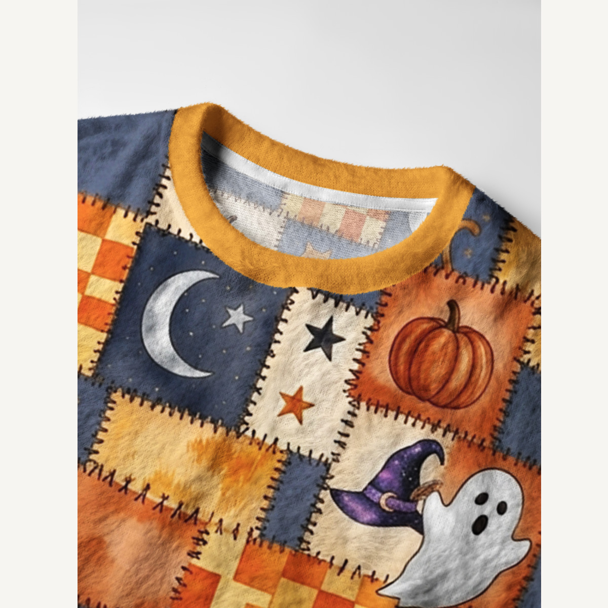 Patchwork Pumpkin Moonlight Fuzzy Crewneck Sweater