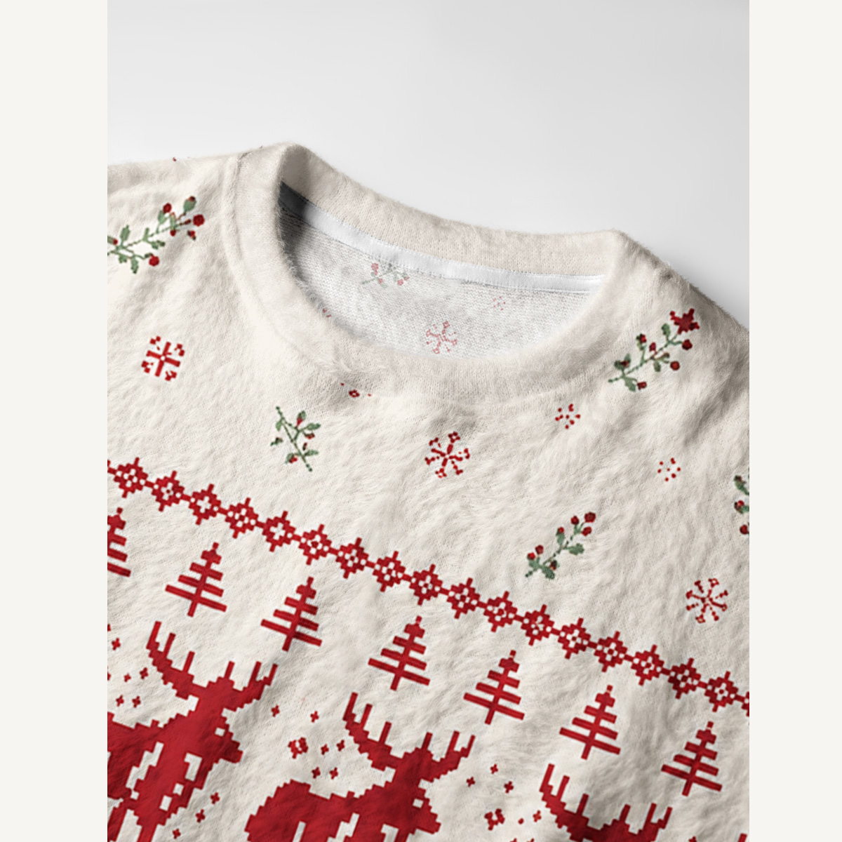 Snowy Reindeer Fair Isle Fuzzy Crewneck Sweater