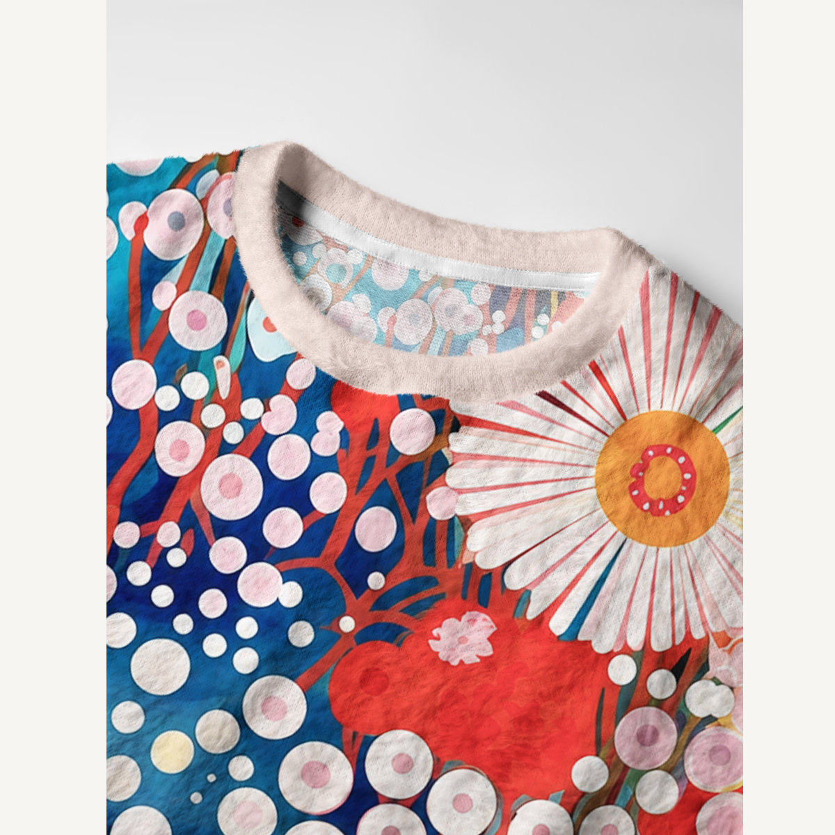 Whimsical Dot Garden Floral Fuzzy Crewneck Sweater