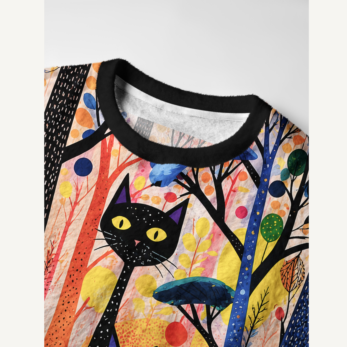 Polka Dot Black Cat Woodland Garden Fuzzy Crewneck Sweater
