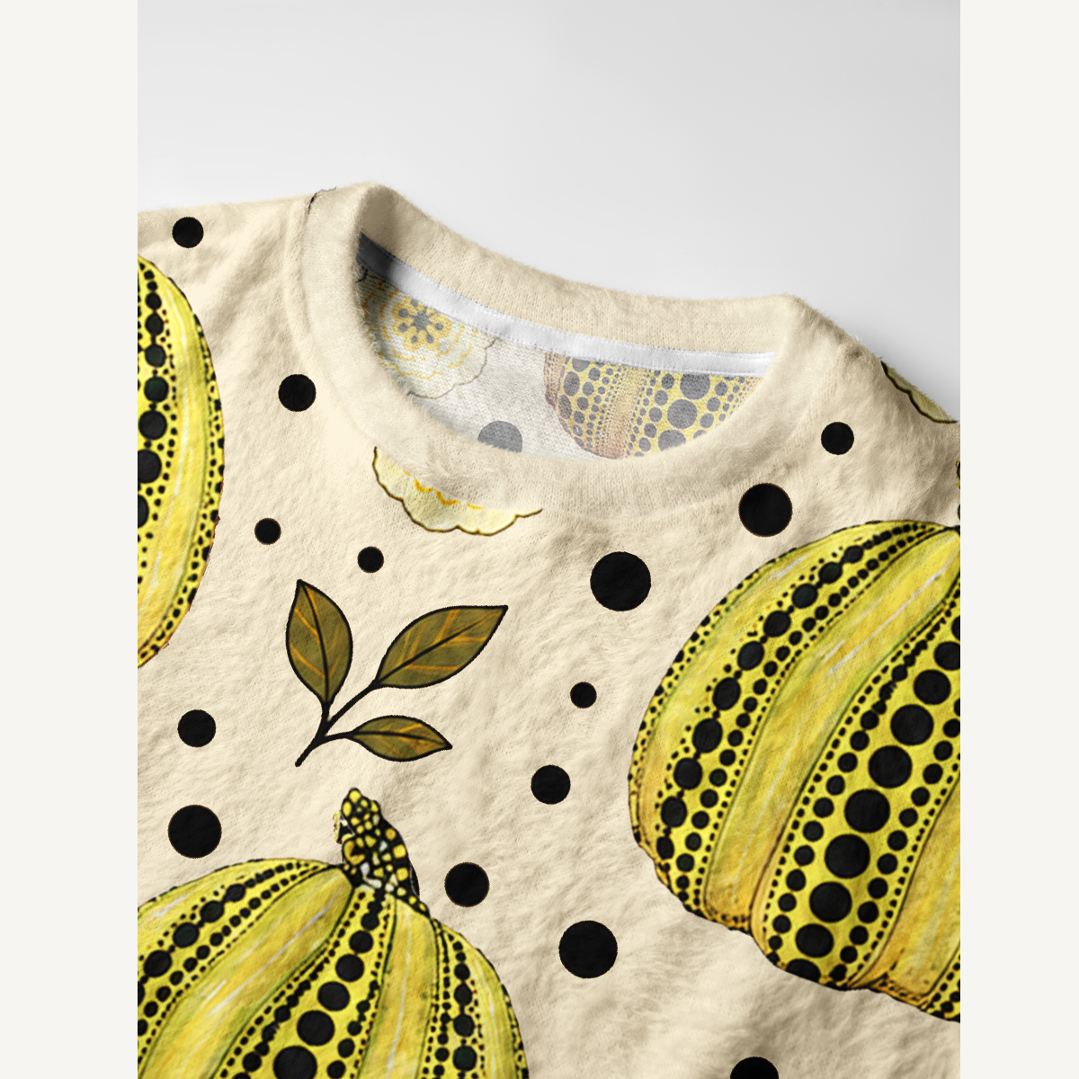 Yellow Polka Dot Pumpkin Floral Fuzzy Crewneck Sweater