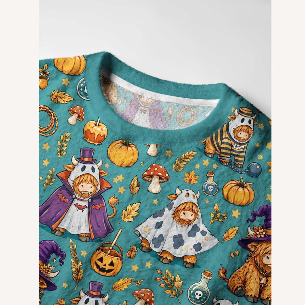Halloween Highland Cow Party Fuzzy Crewneck Sweater