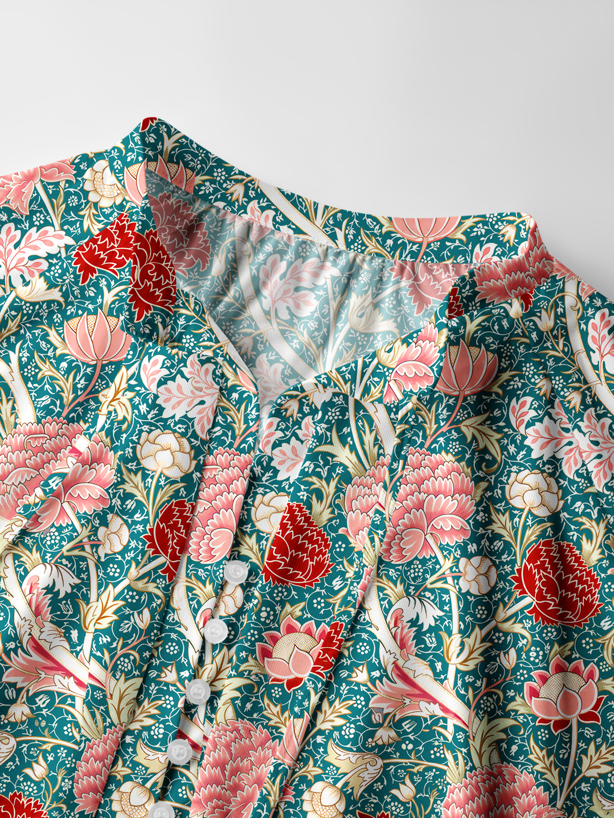 Vintage Peony Lotus Floral Print Boho Long Sleeve Tie‑Neck Blouse