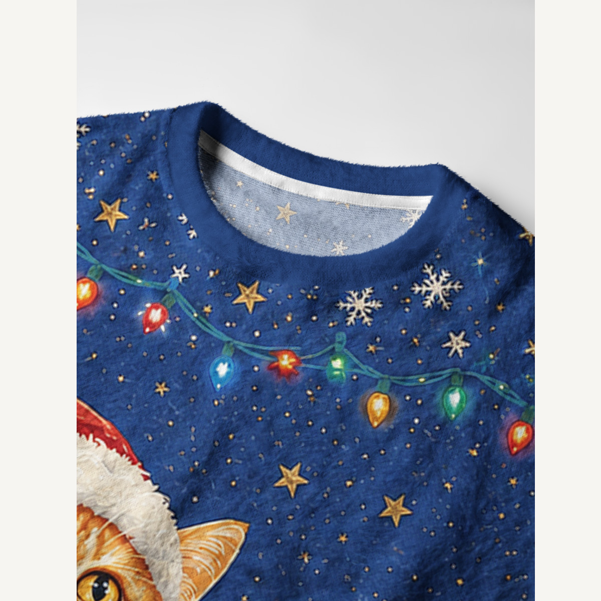 Cozy Christmas Cat Lights Fuzzy Crewneck Sweater