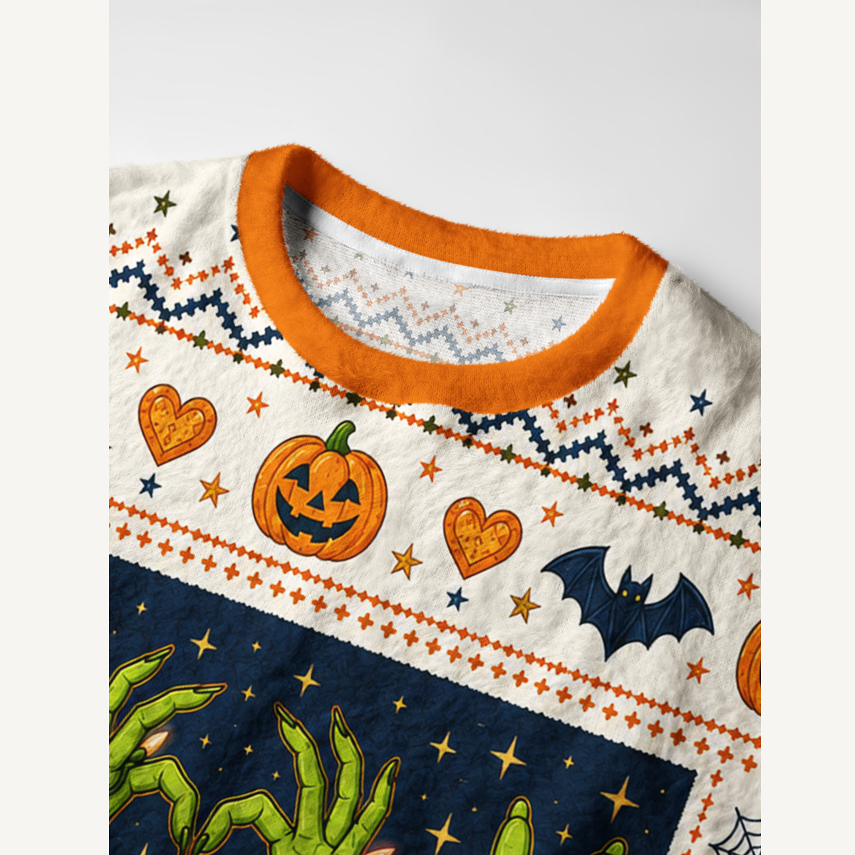 Playful Pumpkin Magic Hands Fuzzy Crewneck Sweater